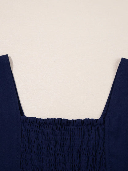 V Neck Buttoned Front Shirred Back Short Sleeve Midi Dress - adritiX