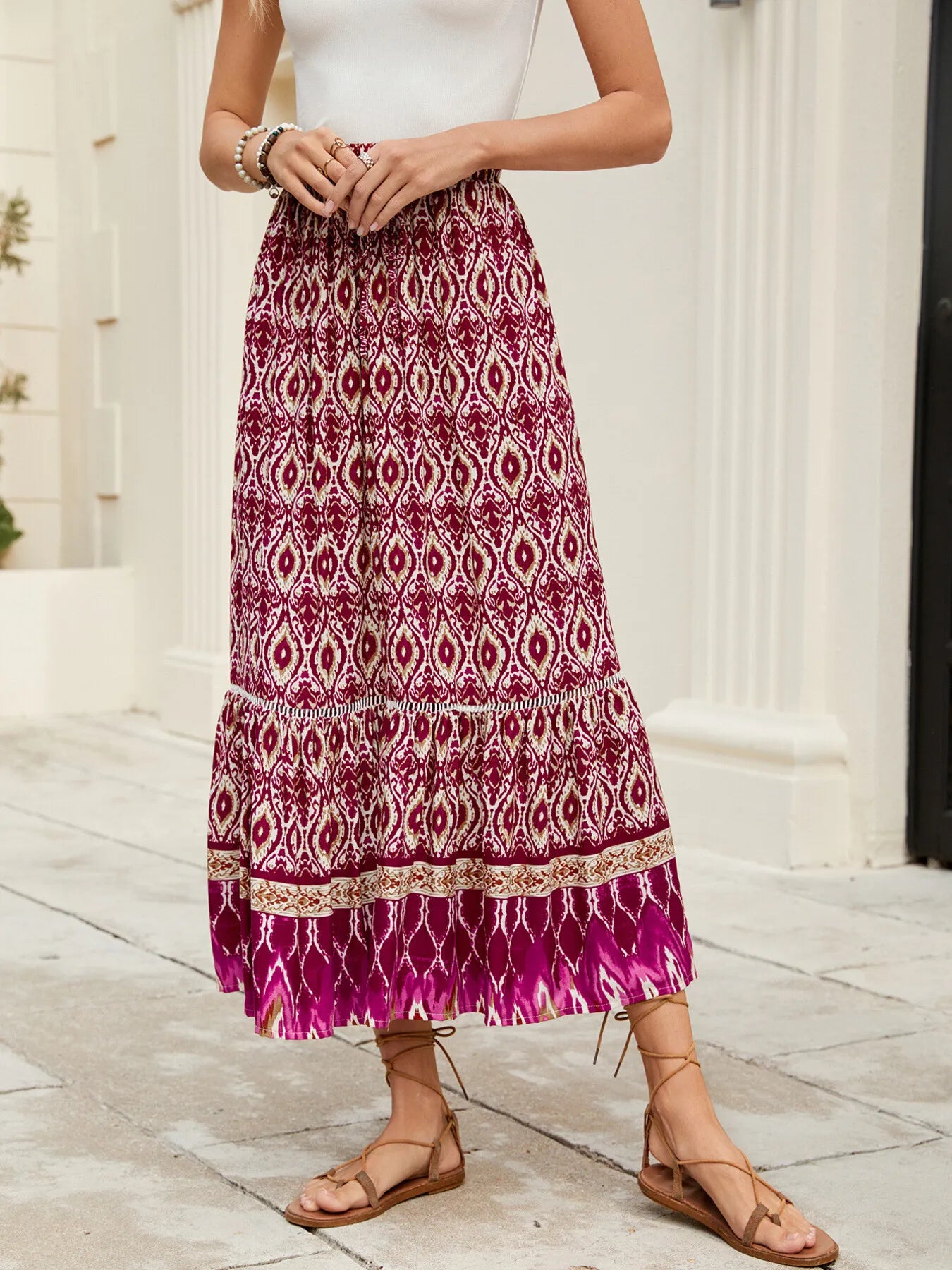 Bohemian Printed Ruched Maxi Skirt - adritiX
