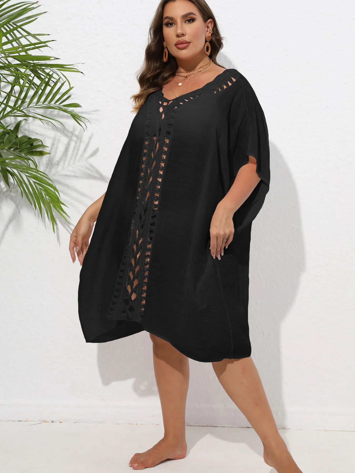 Crochet Trim V-Neck Beach Cover Up Dress - adritiX