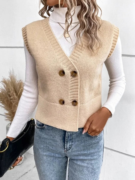 Full Size Button Up V-Neck Sweater Vest - adritiX
