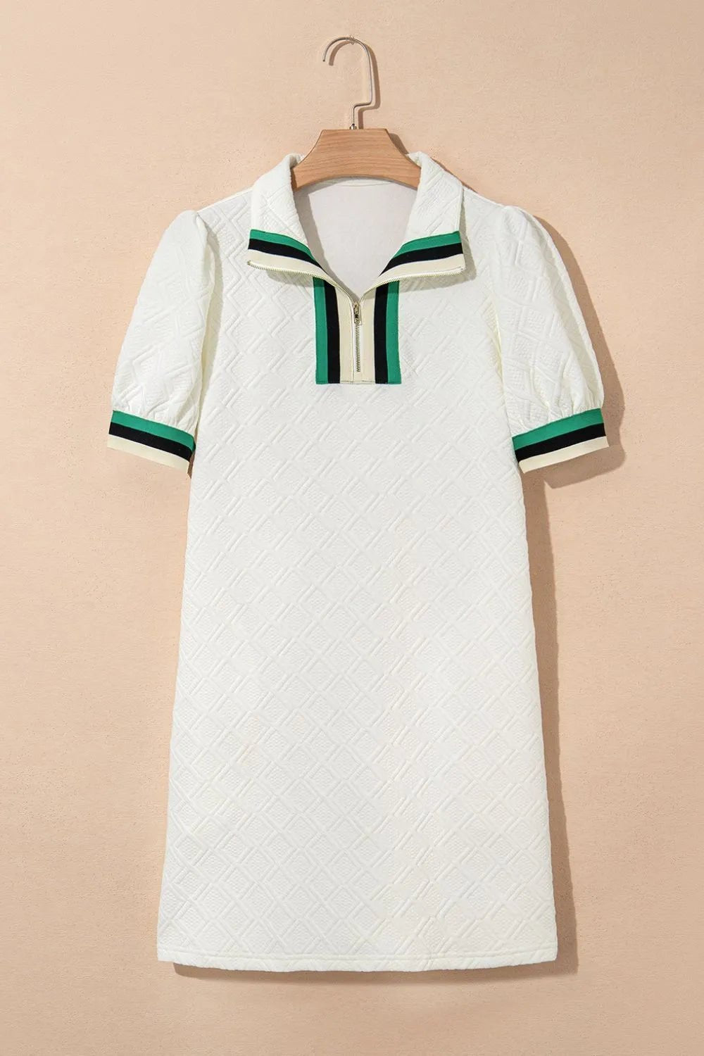 Striped Collared Zip Up Textured Dress - adritiX