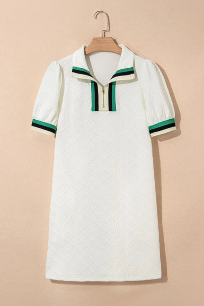 Striped Collared Zip Up Textured Dress - adritiX