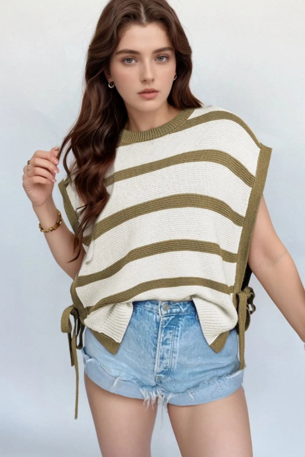 Stripe Tie Open Side Sweater Knitted Top - adritiX