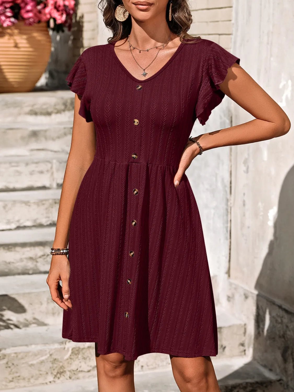 V-Neck Ruffled Cap Sleeve Dress - adritiX