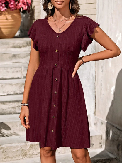 V-Neck Ruffled Cap Sleeve Dress - adritiX