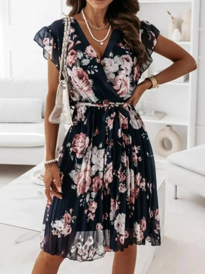 Floral Surplice Ruffled Cap Sleeve Dress - adritiX