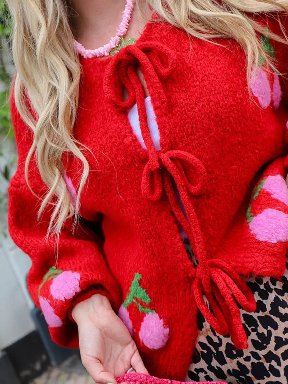 Tied Cherry Round Neck Long Sleeve Cardigan - adritiX