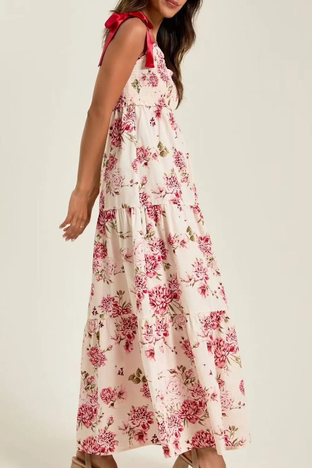 Floral Tiered Maxi Dress with Mixed Print Design - adritiX