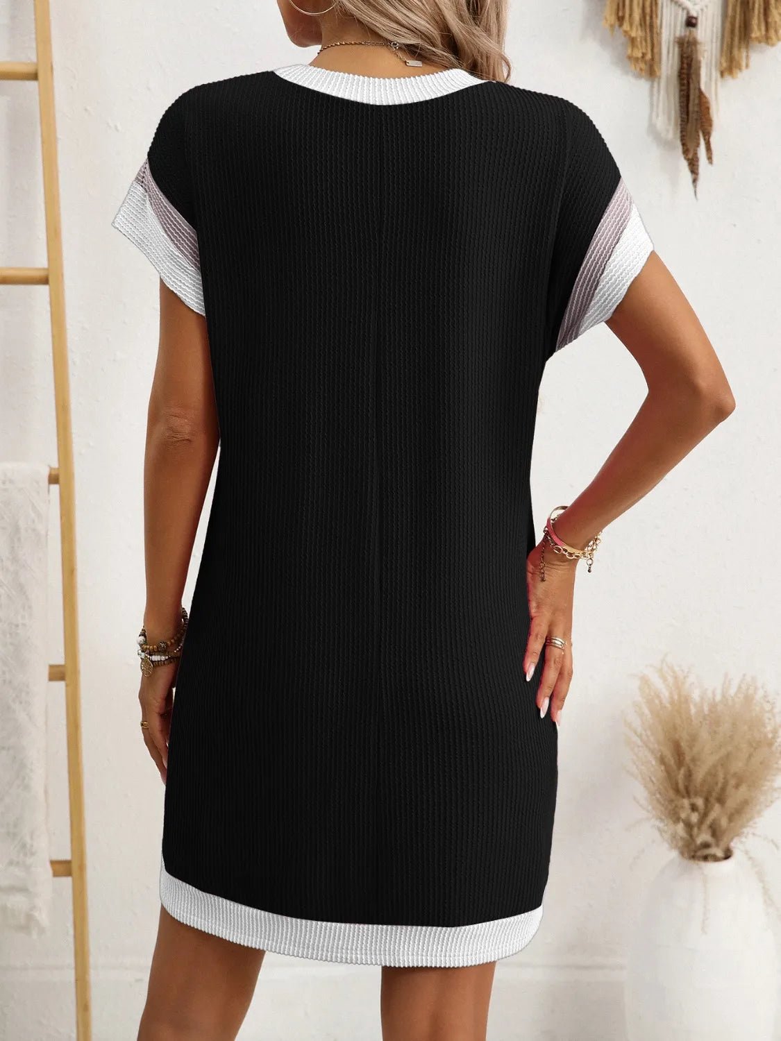 Round Neck Short Sleeve Mini Dress - adritiX