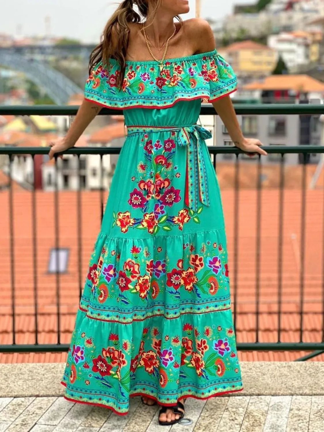 Floral Off Shoulder Ruffle Maxi Dress - adritiX