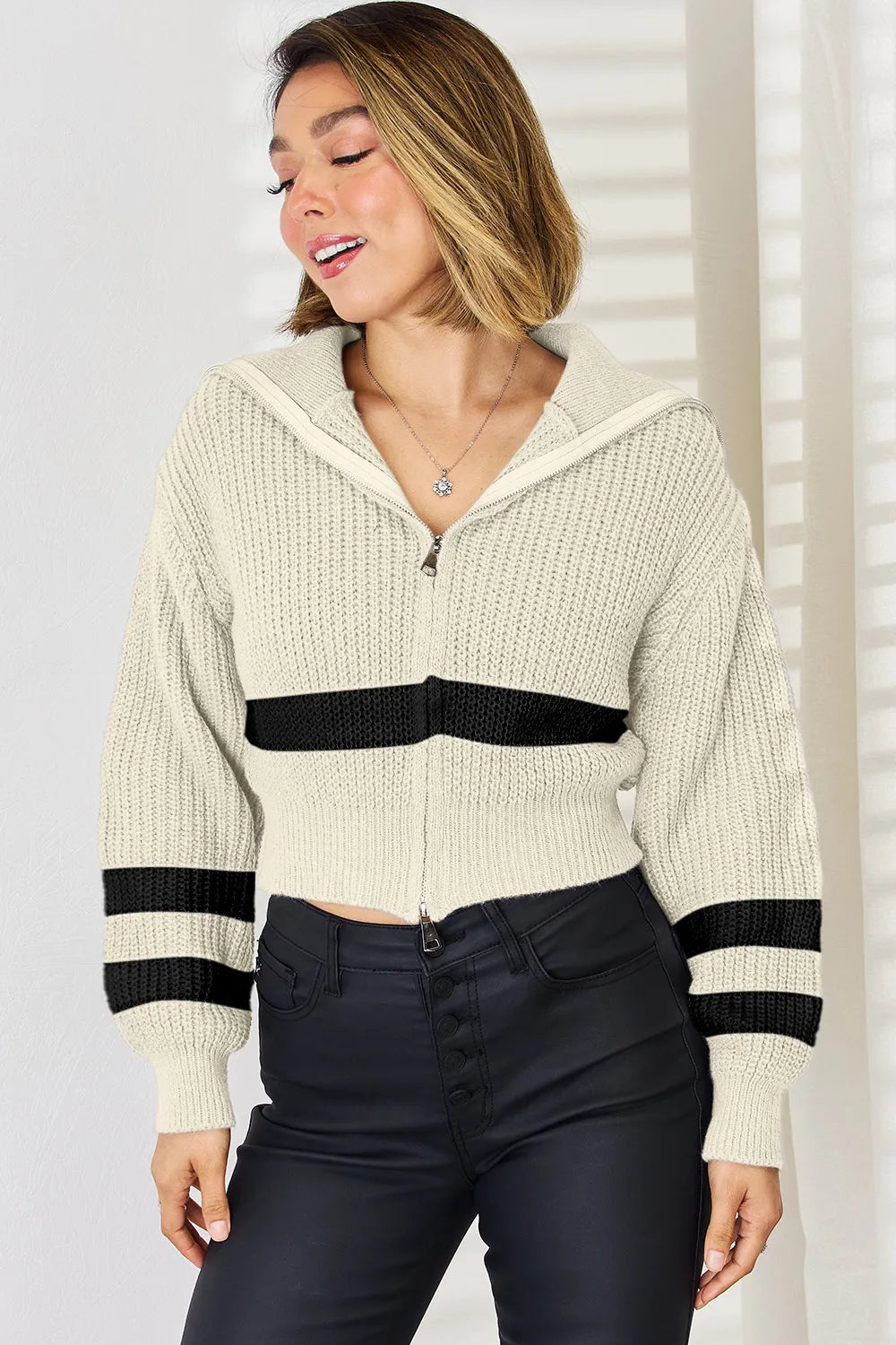 Striped Zip Up Dropped Shoulder Cardigan - adritiX
