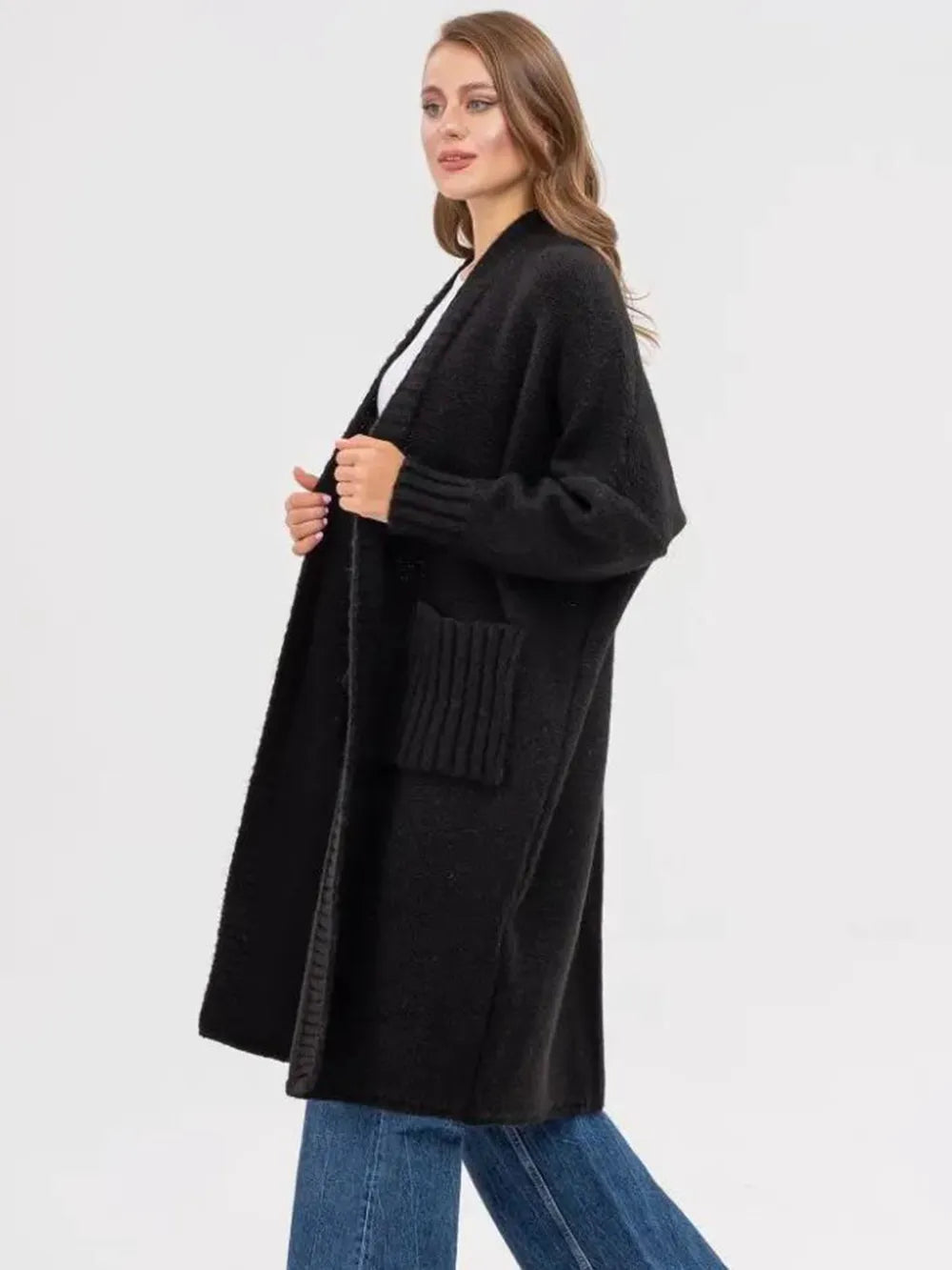 Pocketed Open Front Long Sleeve Longline Cardigan - adritiX