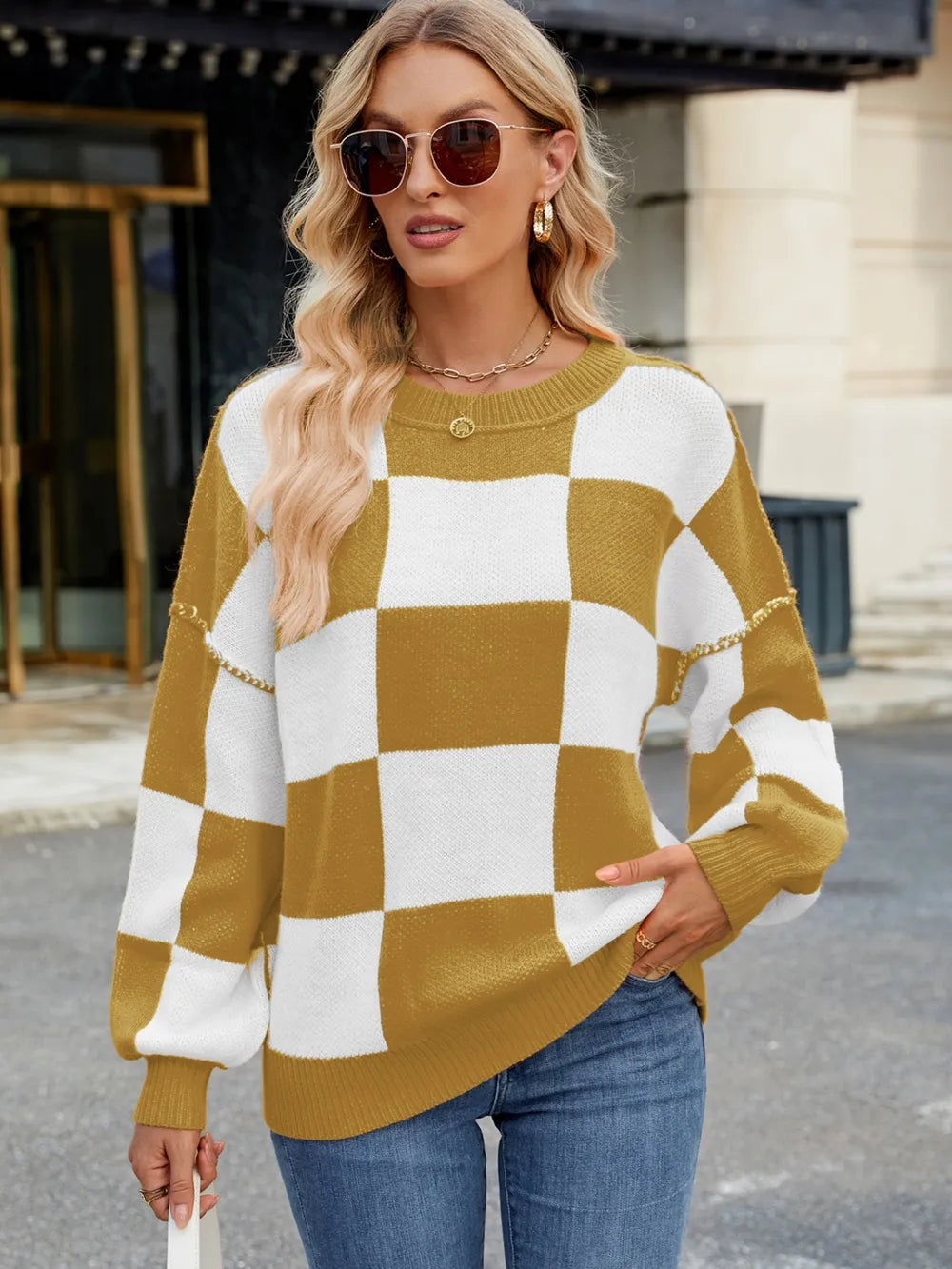 Checkered Round Neck Long Sleeve Sweater - adritiX