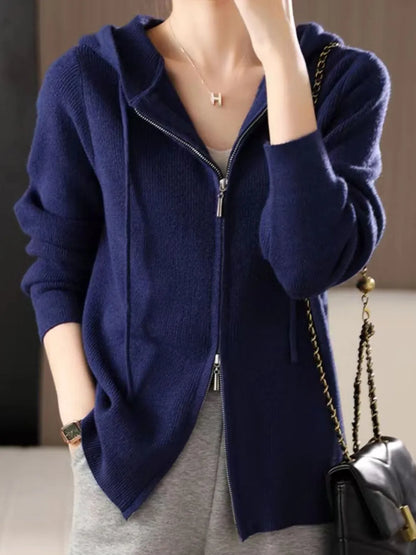 Drawstring Zip Up Long Sleeve Hooded Sweater - adritiX