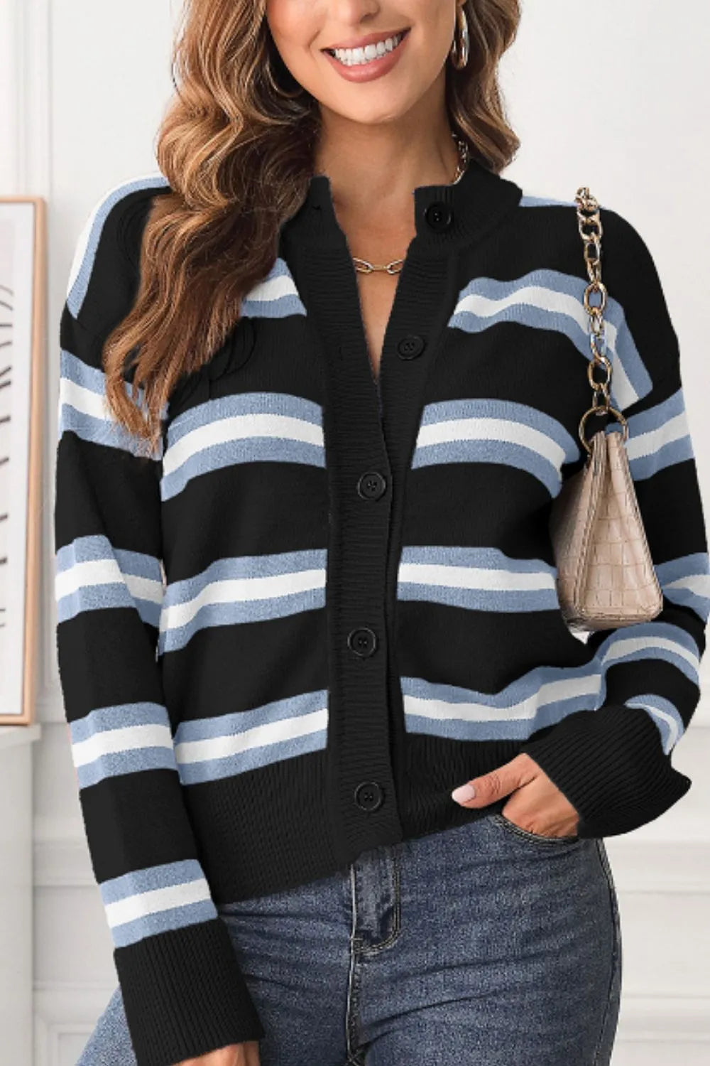 Striped Button Down Long Sleeve Cardigan - adritiX