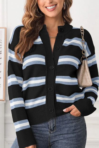 Striped Button Down Long Sleeve Cardigan - adritiX