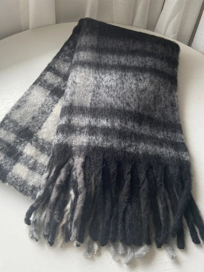 Fringe Plaid Polyester Scarf - adritiX