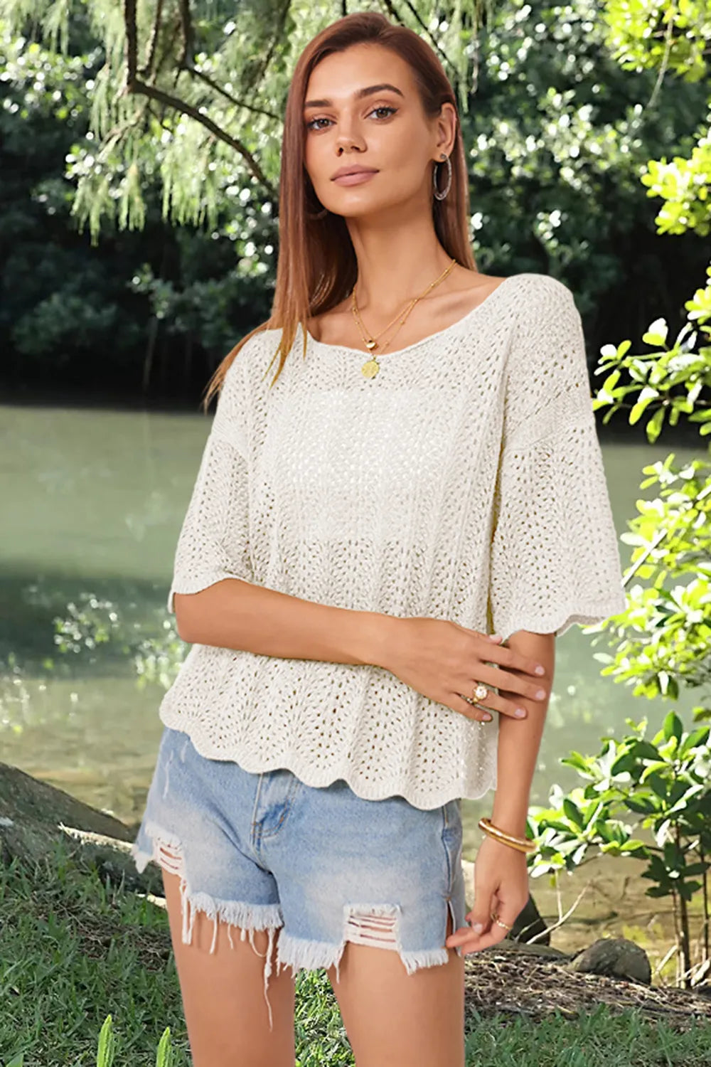 Openwork Round Neck Half Sleeve Knit Top - adritiX