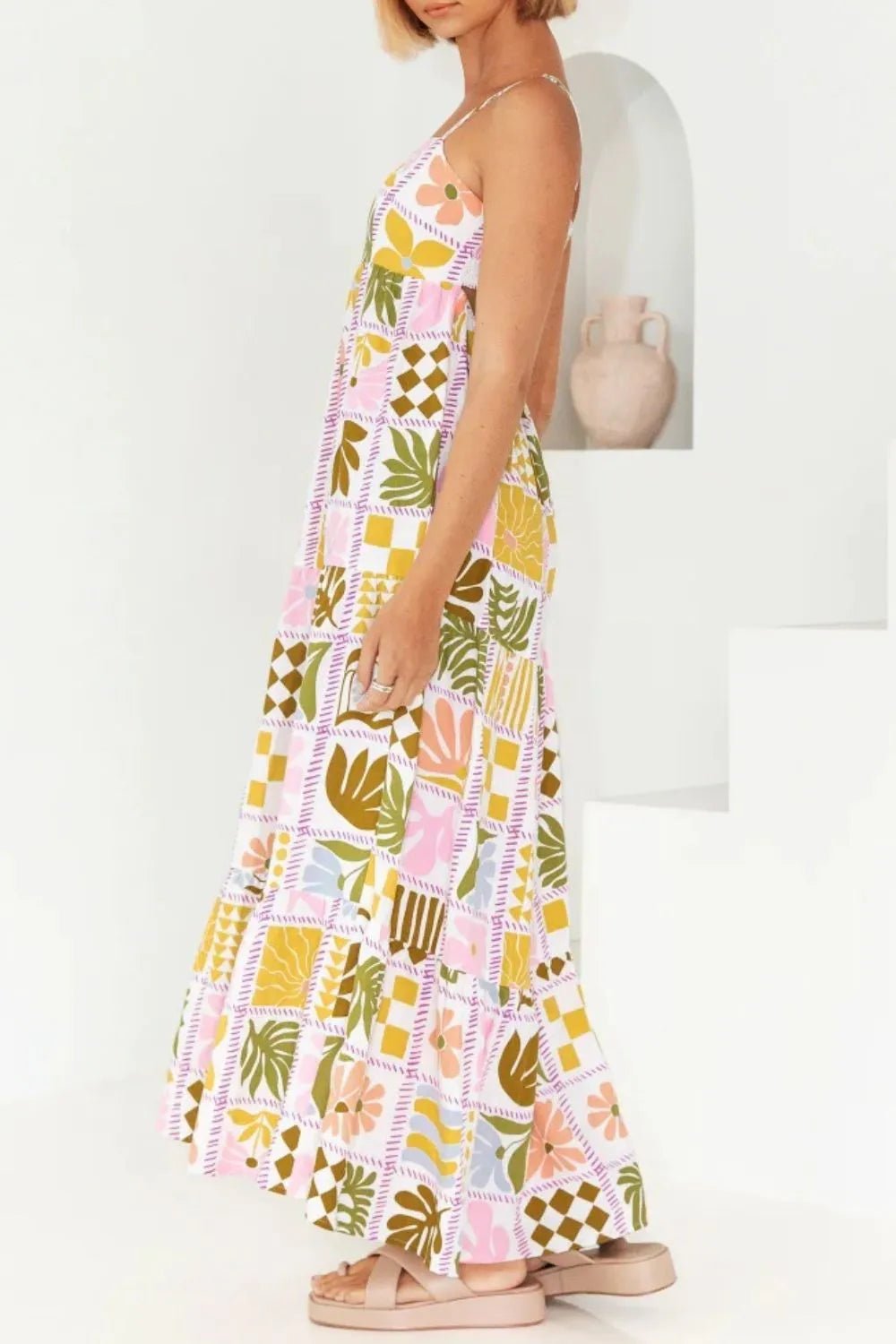 Cutout Back Printed Square Neck Maxi Cami Dress - adritiX