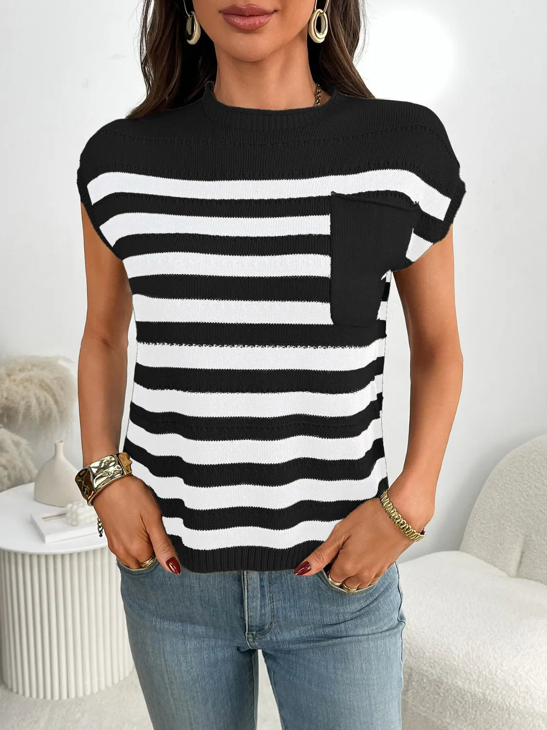 Striped Mock Neck Cap Sleeve Knit Top - adritiX