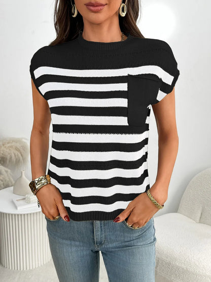 Striped Mock Neck Cap Sleeve Knit Top - adritiX