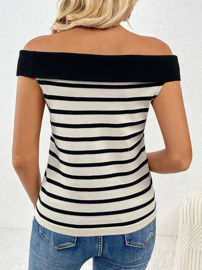 Decorative Button Striped Off-Shoulder Knit Top - adritiX