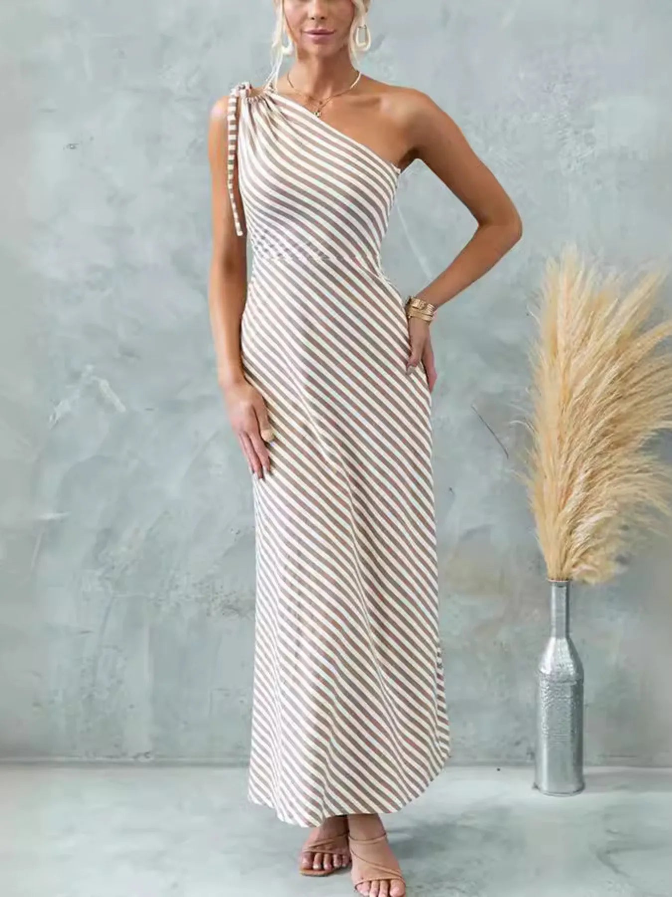 One Shoulder Striped Maxi Dress - adritiX