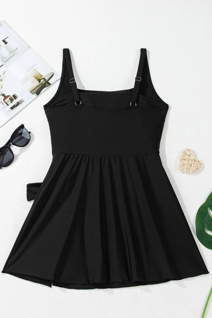 Side Tied Waist Square Neck Adjustable Straps A-line One Piece Swim Dress - adritiX