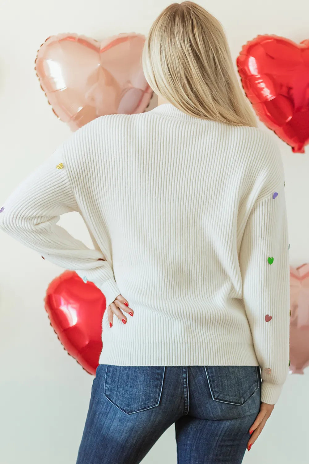 Heart Sequin Round Neck Long Sleeve Sweater - adritiX
