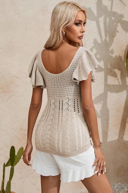 Full Size Openwork Flutter Sleeve Knit Top - adritiX