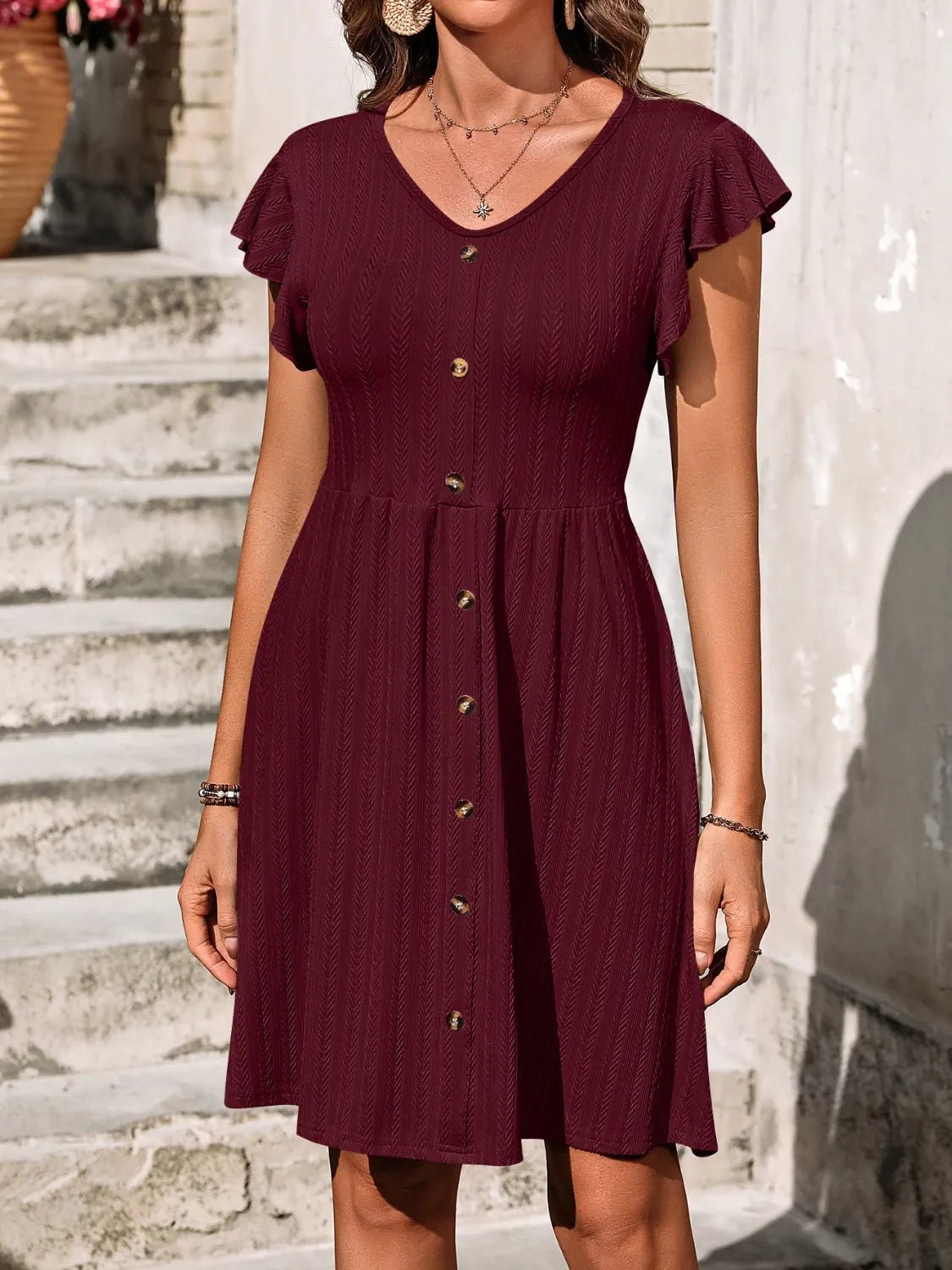 V-Neck Ruffled Cap Sleeve Dress - adritiX