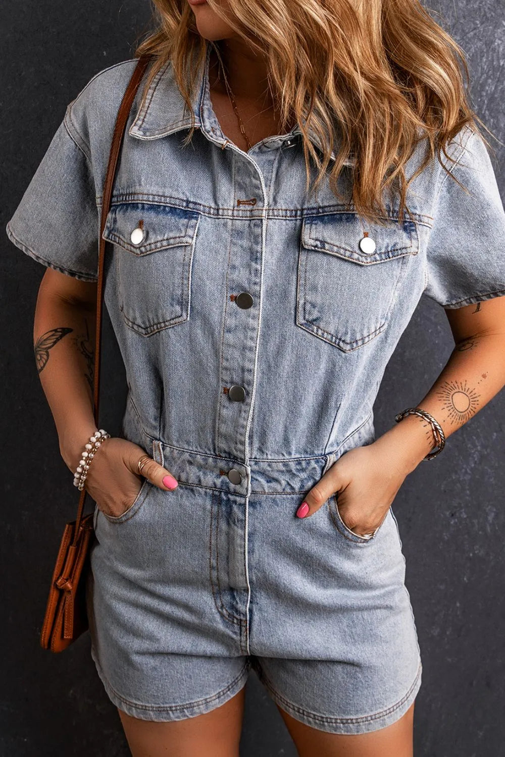 Elegant Washed Button Down Pocketed Denim Romper - adritiX
