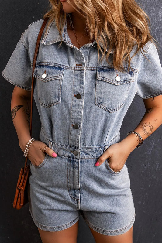 Elegant Washed Button Down Pocketed Denim Romper - adritiX