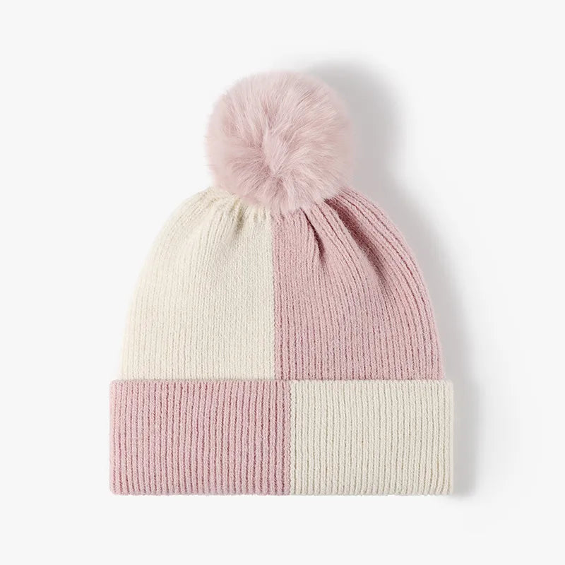 Color Block Knit Hat with Pom-pom - adritiX