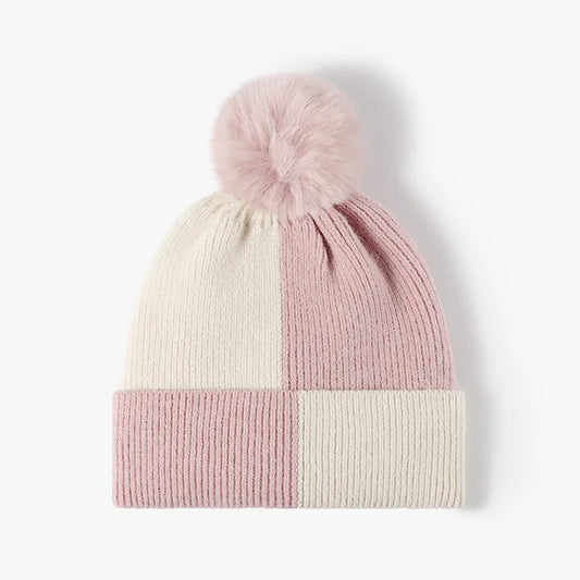 Color Block Knit Hat with Pom-pom - adritiX