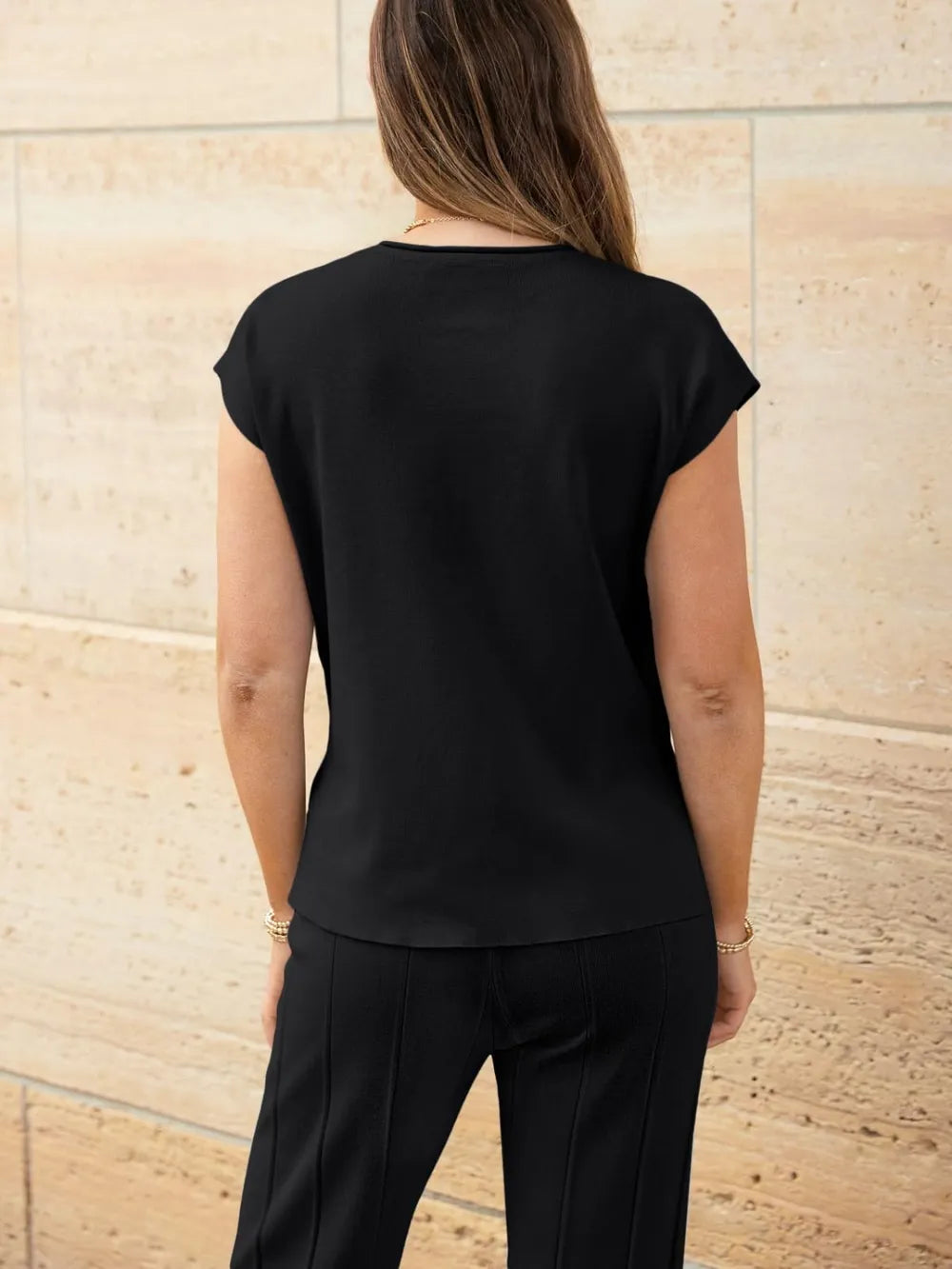 Round Neck Cap Sleeve Top and Pants Knit Set - adritiX