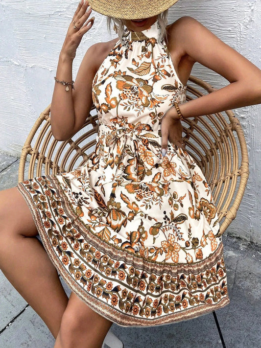 Floral Halter Neck Summer Mini Dress - adritiX