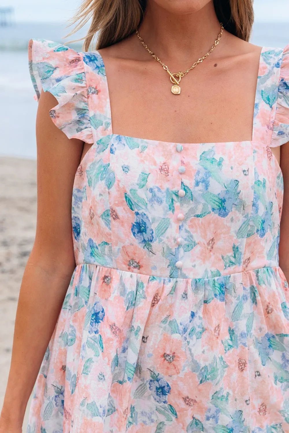 Floral Colorblock Flutter Straps Flowy Dress - adritiX