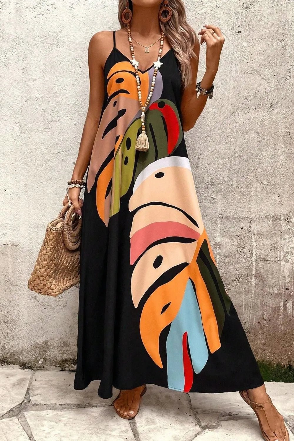 Tropical Leaf Print V-Neck Maxi Cami Dress - adritiX