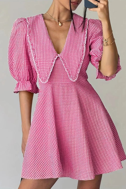 Gingham Puff Sleeve Mini Dress - adritiX
