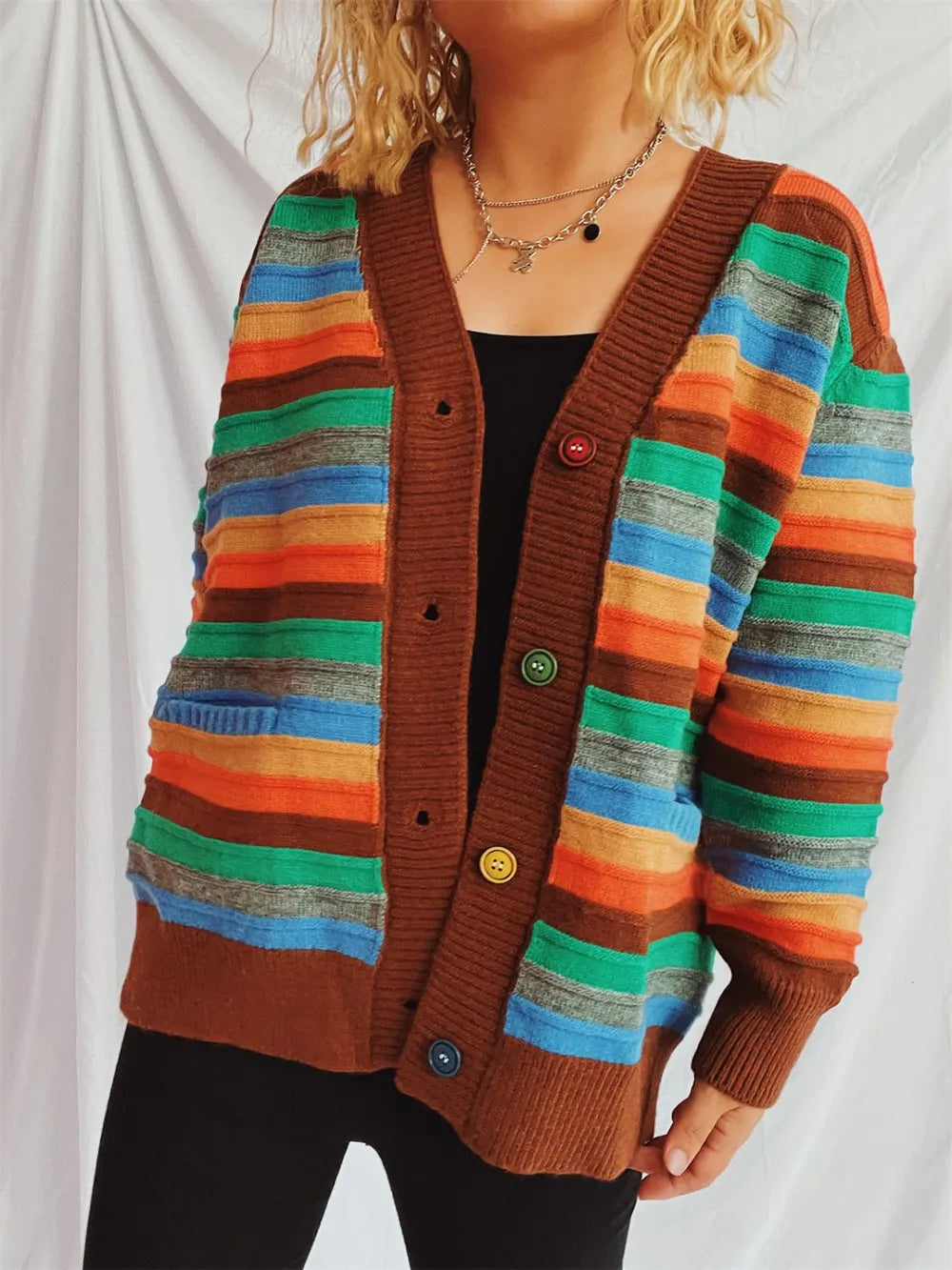 Contrast Stripes Button Up Long Sleeve Cardigan - adritiX