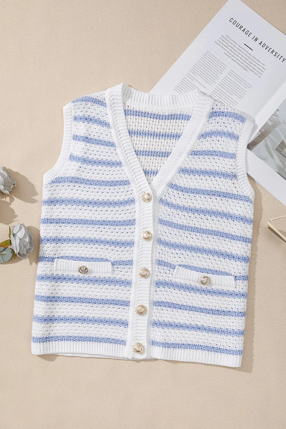 Stripe V Neck Gold Buttons Elegant Sweater Vest - adritiX