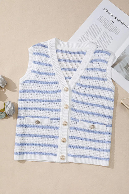 Stripe V Neck Gold Buttons Elegant Sweater Vest - adritiX