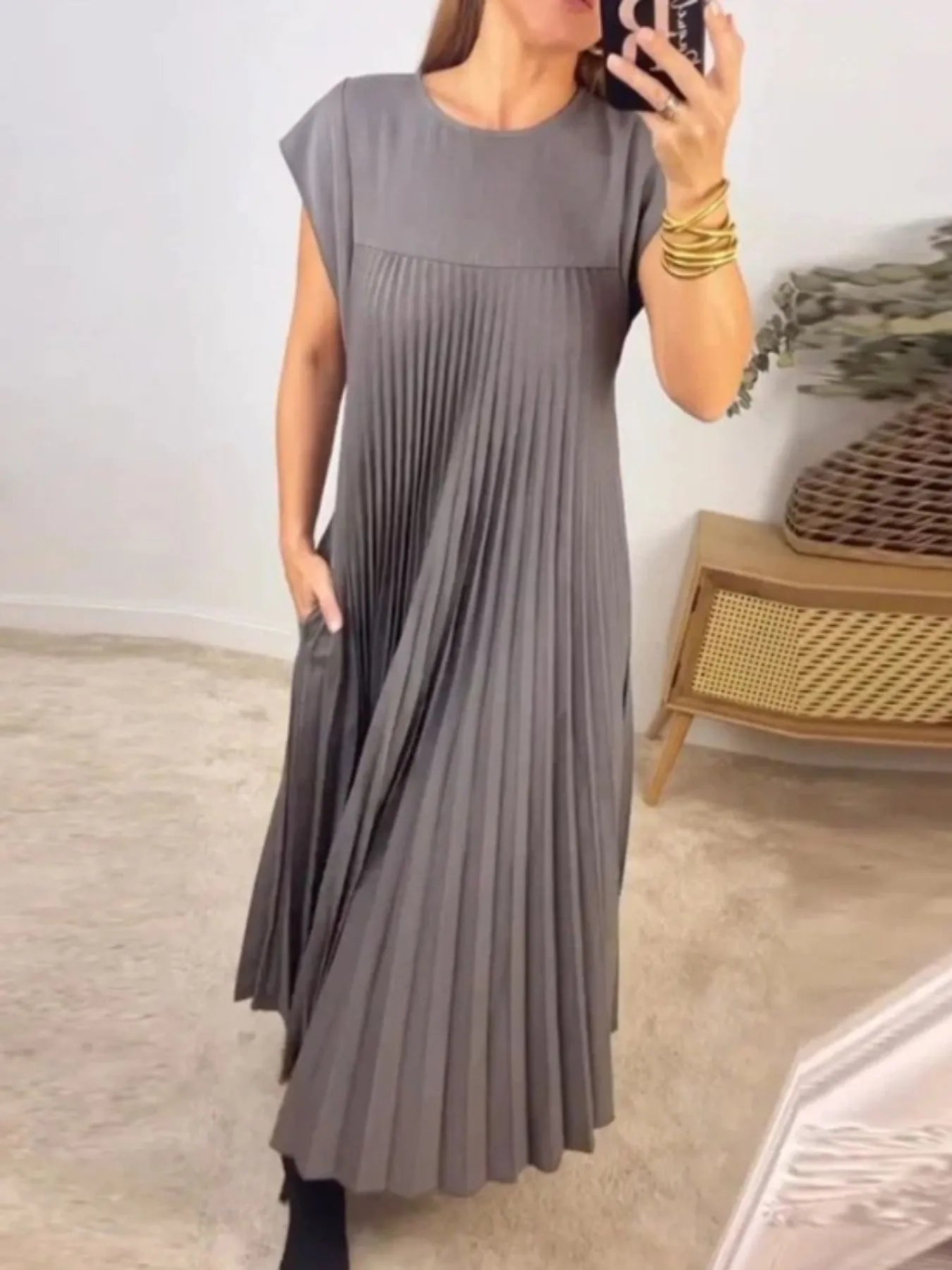 Elegant Full Size Pleated Round Neck Maxi Dress Plus Size - adritiX