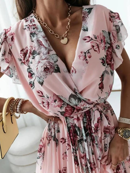 Floral Surplice Ruffled Cap Sleeve Dress - adritiX
