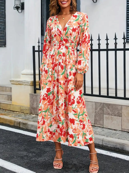 Floral Long Sleeve Wrap Midi Dress - adritiX