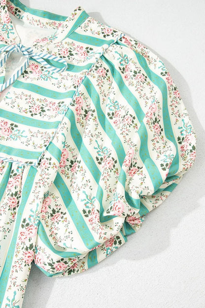 Striped Floral Print Tie Neck Puff Sleeve Midi Dress - adritiX