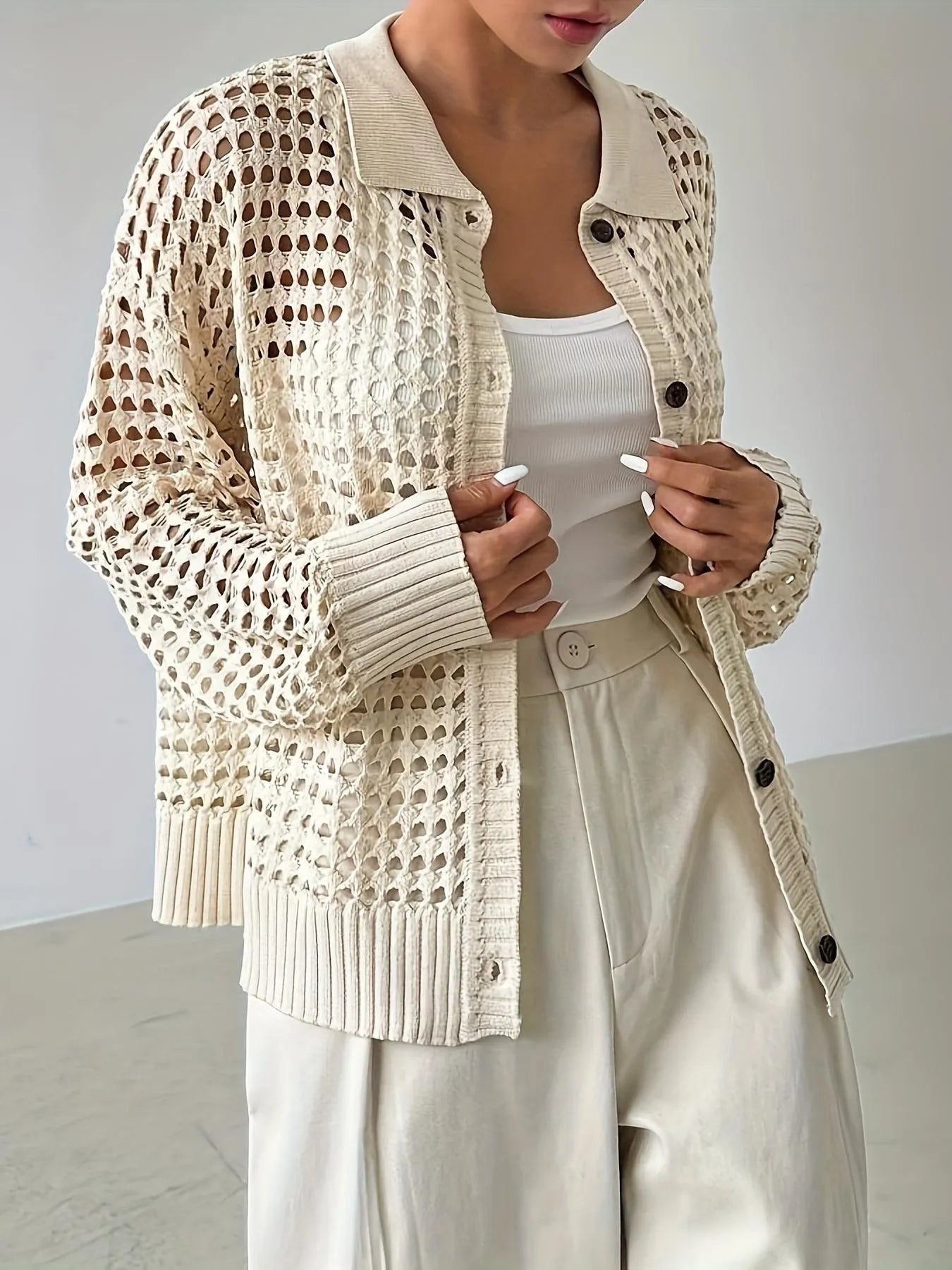 Hollow Out Knit Button Front Cardigan - adritiX