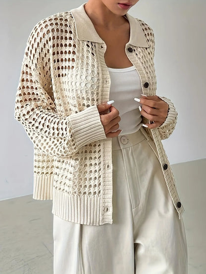Hollow Out Knit Button Front Cardigan - adritiX