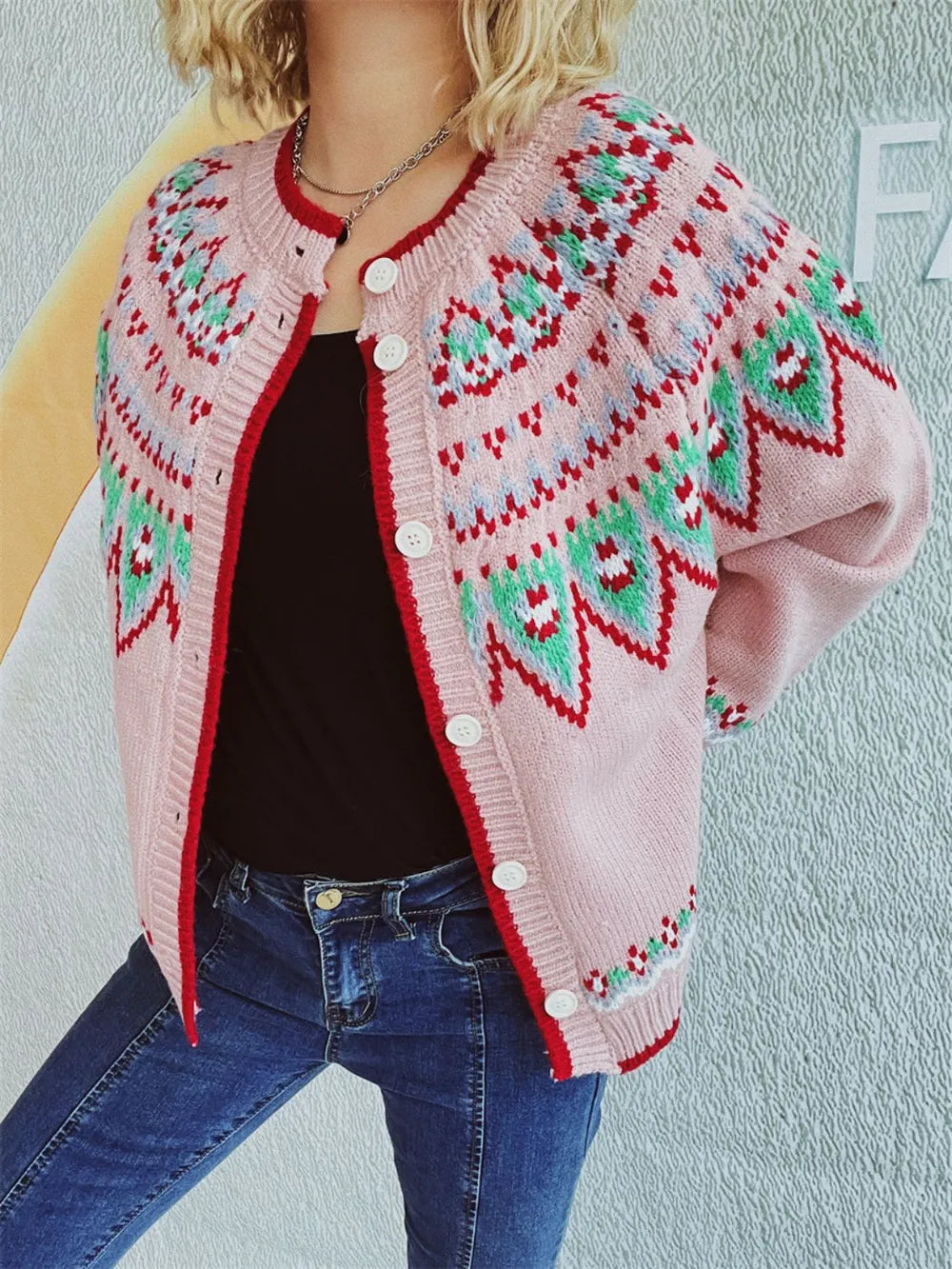 Contrast Geometric Round Neck Long Sleeve Cardigan - adritiX